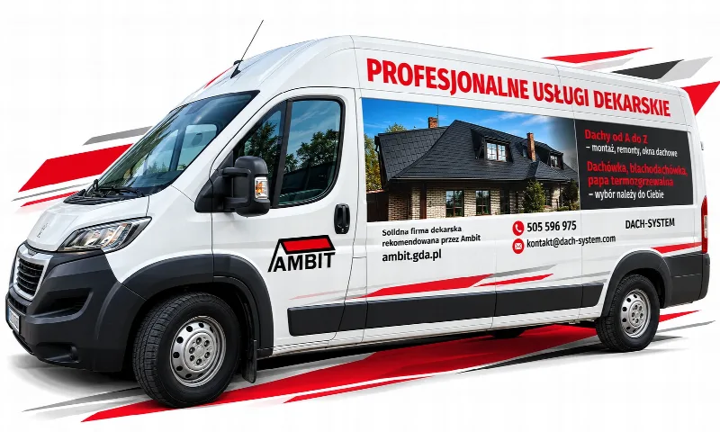 Bus firmy Dach-System z oklejeniem usług dekarskich i logo AMBIT