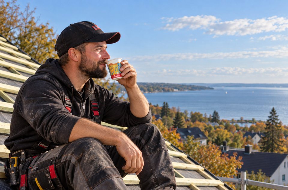 A roofer in an AMBIT cap drinking coffee on a roof overlooking a bay