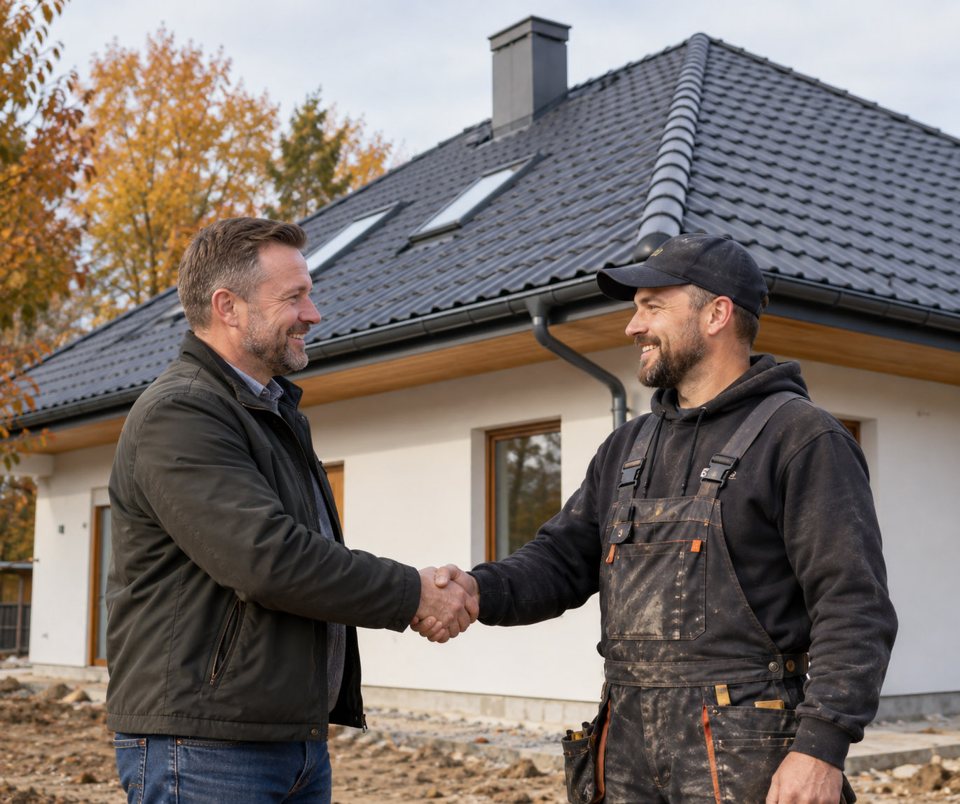 A homeowner shaking hands with a roofer in front of a house with a new roof
