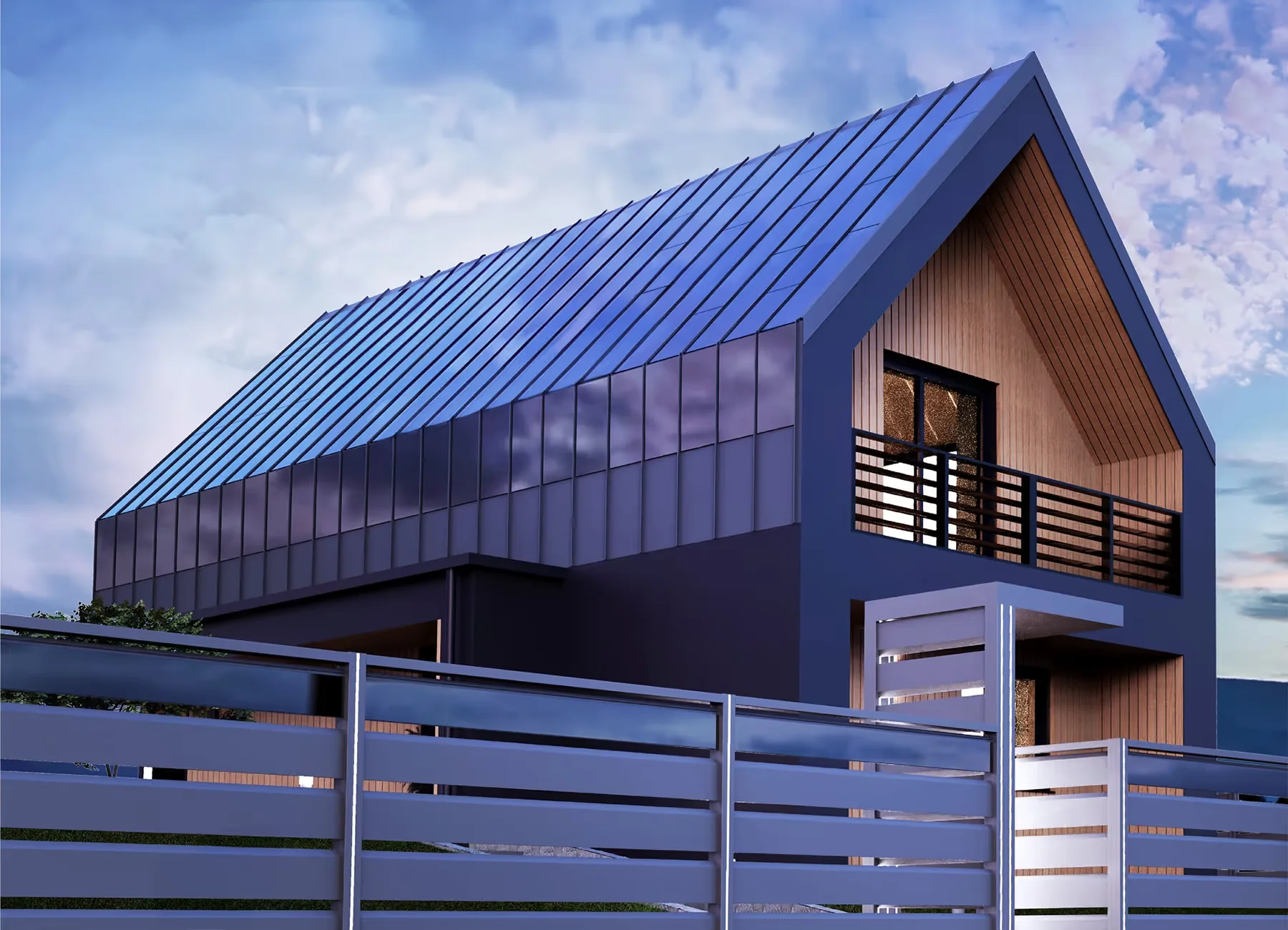 eTile Flat – ilustracja dachu i elewacji z systemem solarnym