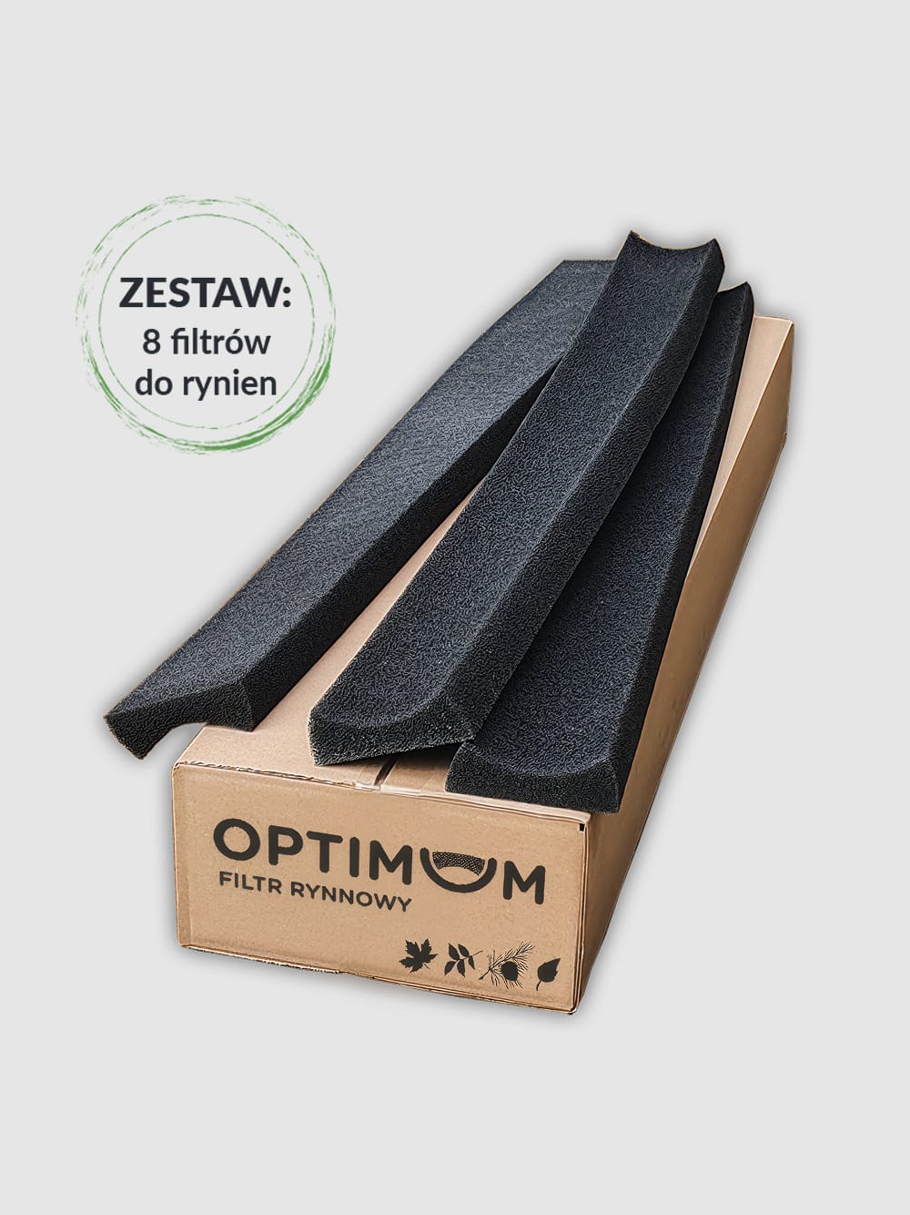 Filtr do rynny OPTIMUM – karton zestawu i piankowe wkłady