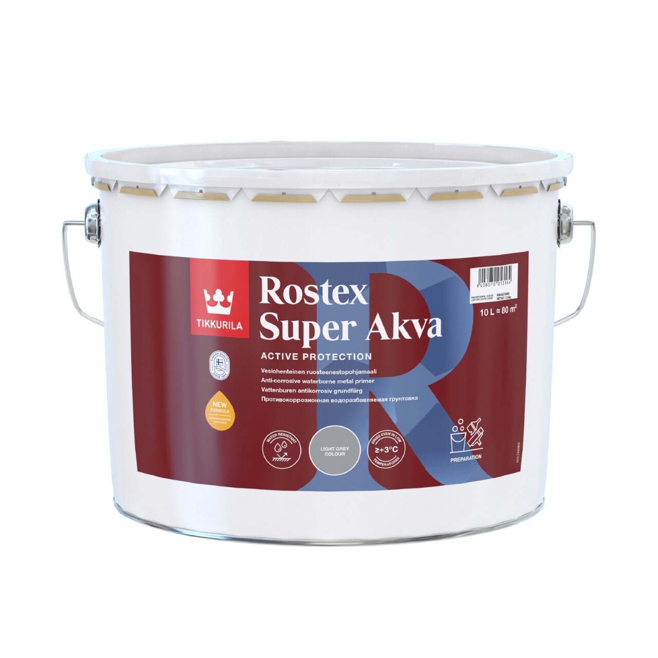 Tikkurila Rostex Super Akva – wiadro 10 l jasnoszarego antykorozyjnego gruntu do metalu