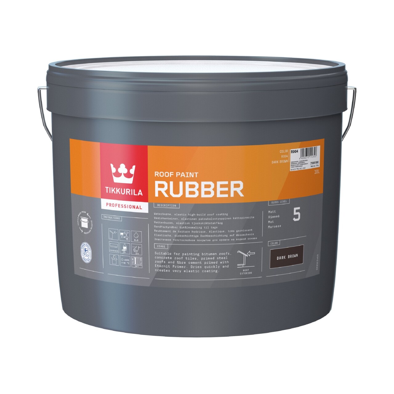 Tikkurila Rubber – wiadro 10 l elastycznej farby do dachów w kolorze ciemnobrązowym (R004)