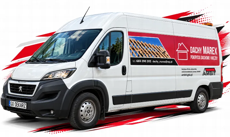 Bus firmy Dachy Marex z oznakowaniem „Solidna firma dekarska rekomendowana przez Ambit”